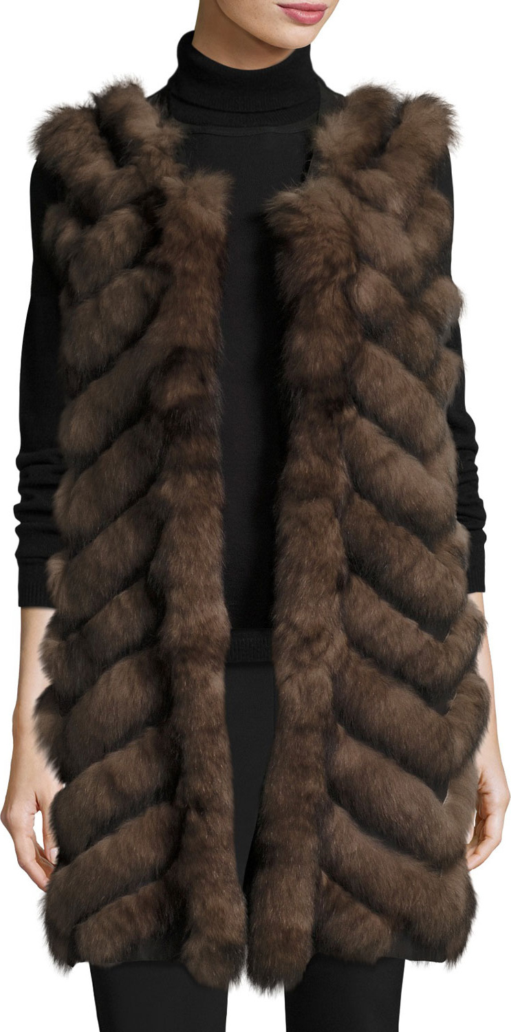 Belle Fare Long Chevron-Paneled Reversible Fur Vest