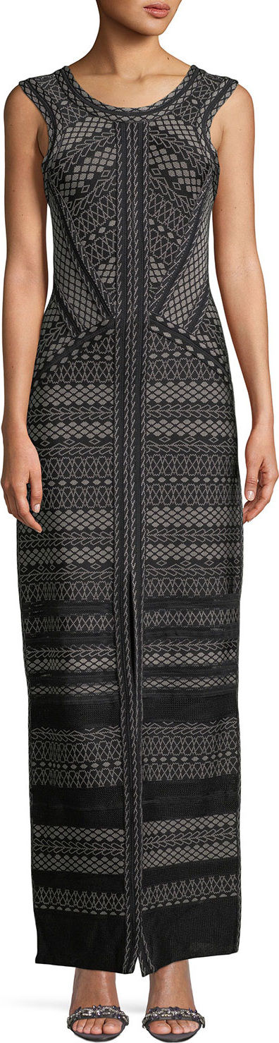 Herve Leger Round-Neck Sleeveless Jacquard Column Gown with Front Slit