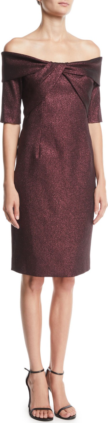 Rickie Freeman for Teri Jon Off-the-Shoulder Metallic Jacquard Twist Dress