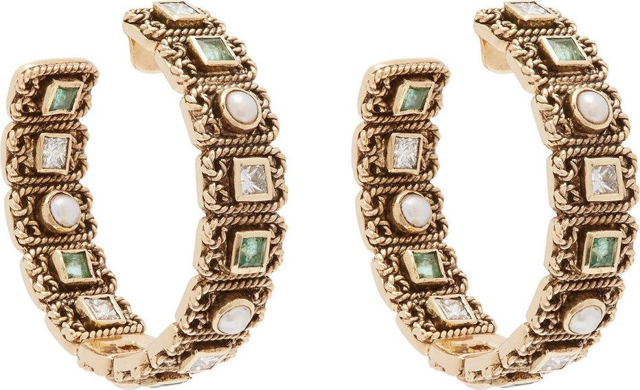 Jade Jagger Emerald, diamond and pearl 18kt gold hoop earrings