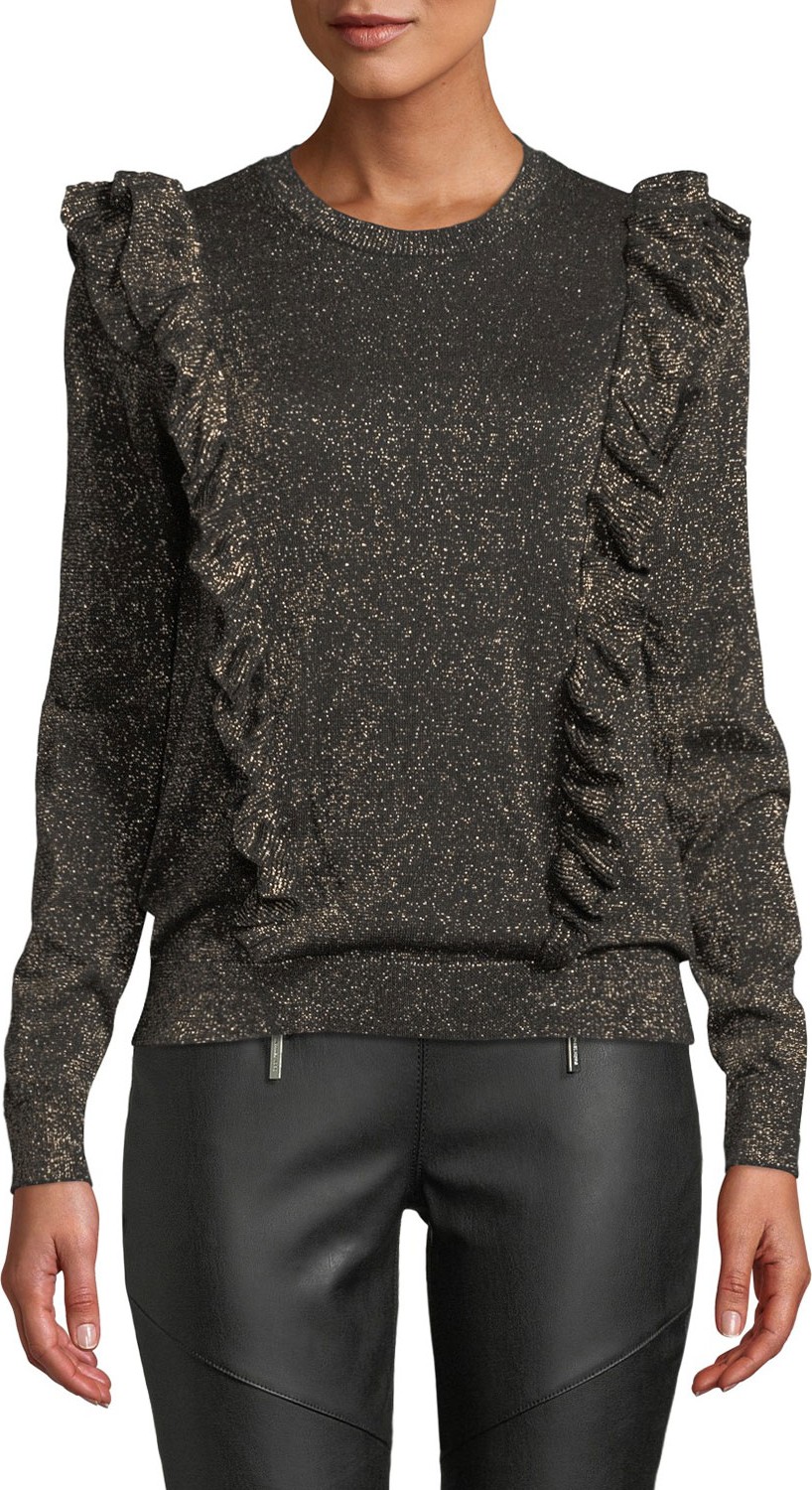 MICHAEL MICHAEL KORS Ruffle-Trim Long-Sleeve Metallic Knit Top