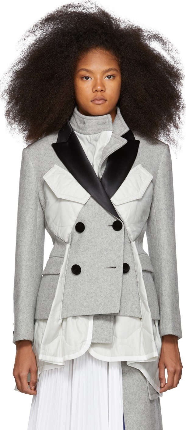 Sacai Grey Double Breasted Melton MA-1 Coat