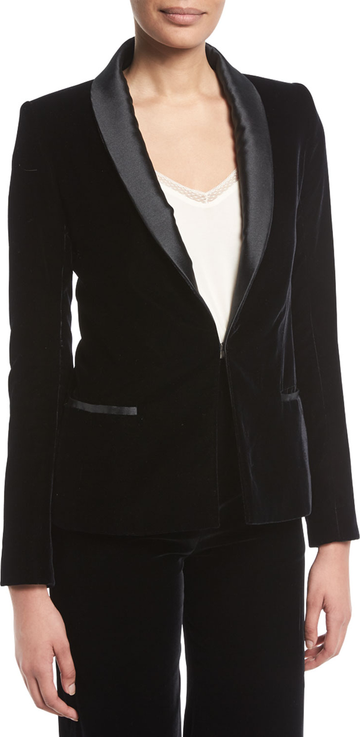 Brandon Maxwell Hook-Front Velvet Smoking Jacket w/ Satin Lapels