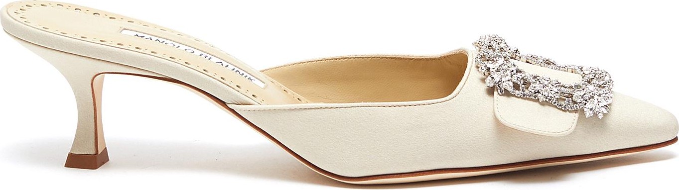 Manolo Blahnik 'Maysale 50' Swarovski crystal brooch Crep de Chine mules