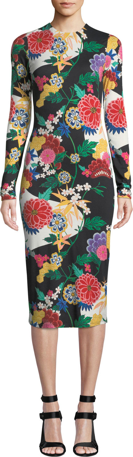 Alice + Olivia Delora Long-Sleeve Floral Fitted Sheath Midi Dress