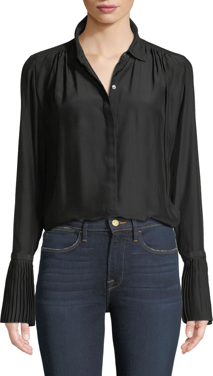 FRAME DENIM Long-Sleeve Pintuck Button-Front Silk Blouse