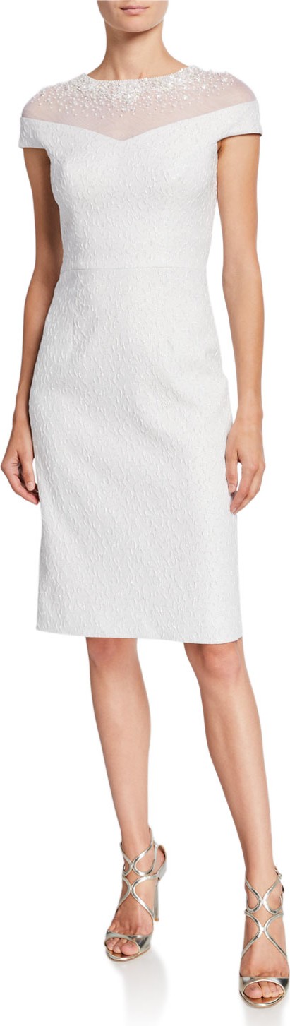 Rickie Freeman for Teri Jon Beaded Illusion Stretch Jacquard Cap-Sleeve Sheath Dress