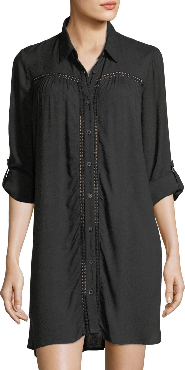 Tommy Bahama Lace Shirred Button-Front Boyfriend Shirt