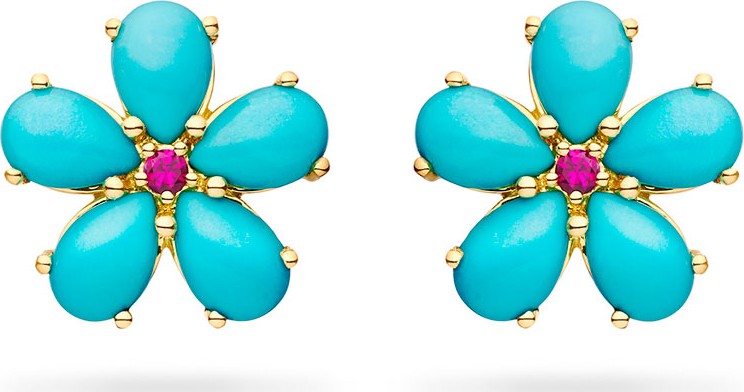 Paul Morelli Small Turquoise Petal Button Earrings with Rubies