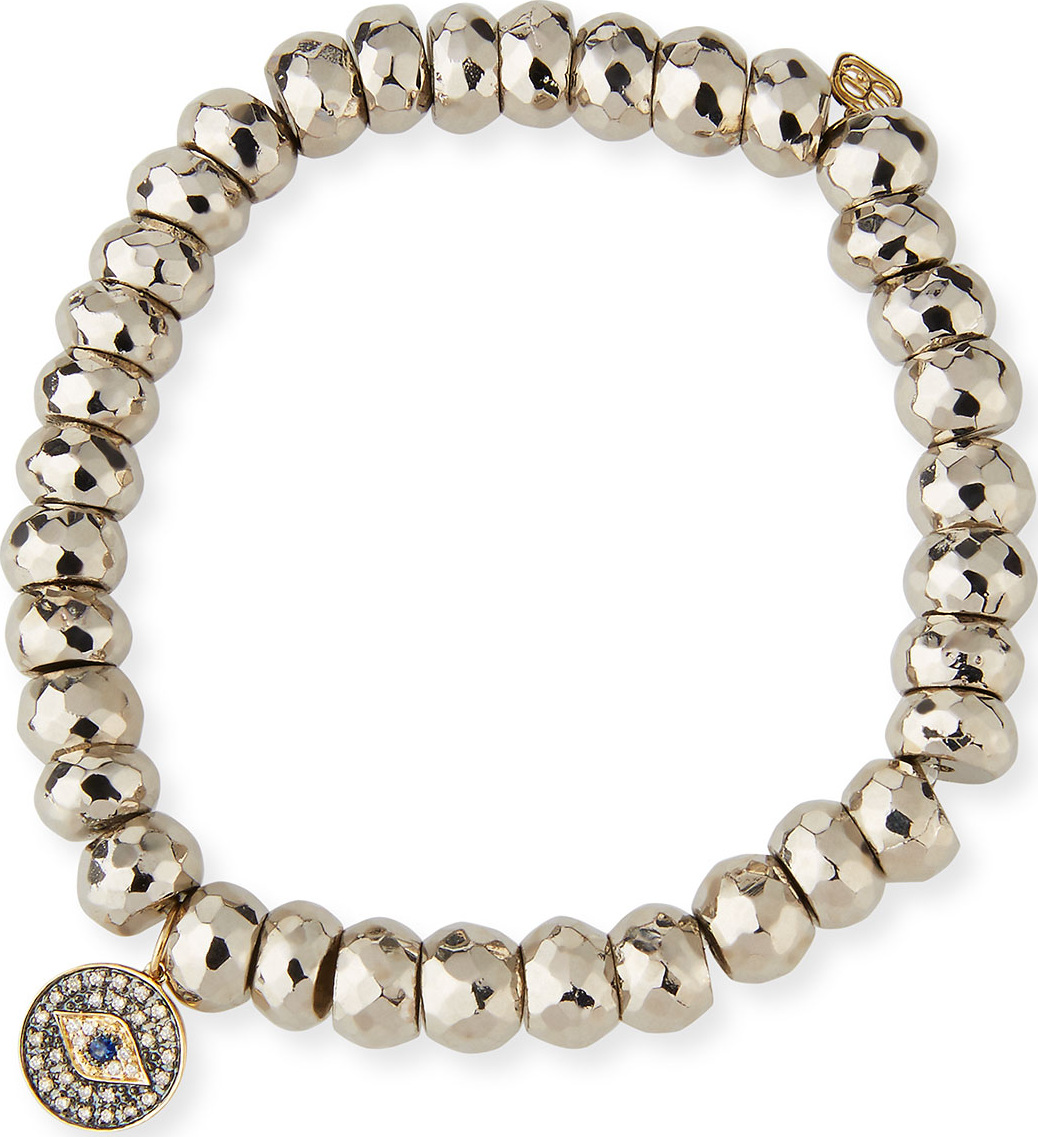 Sydney Evan 8mm Silver Pyrite Beaded Bracelet with Diamond Evil Eye Charm