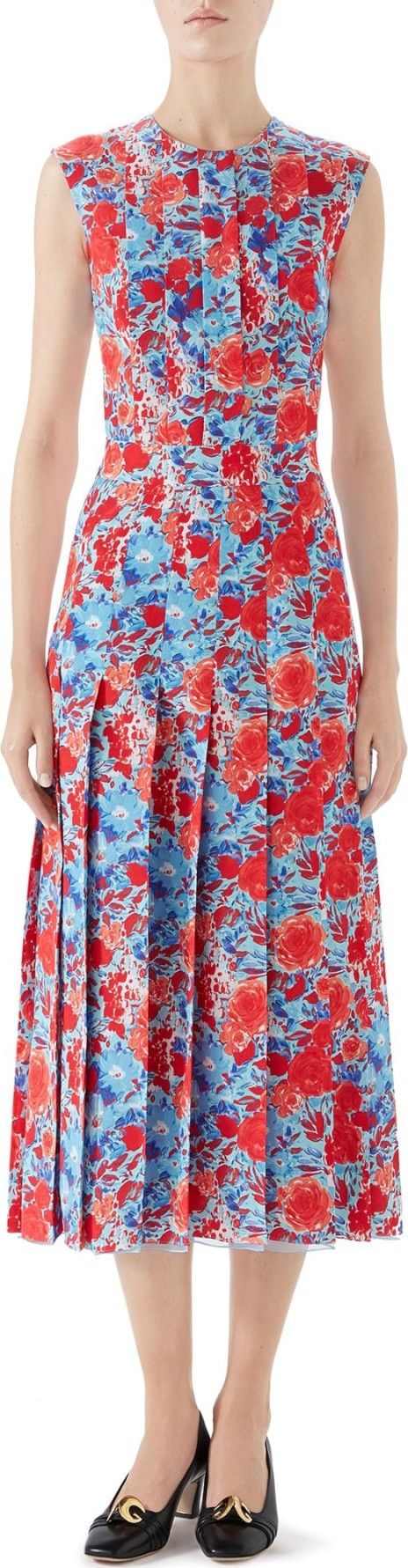 Gucci Floral Print Pleated Silk Midi Dress