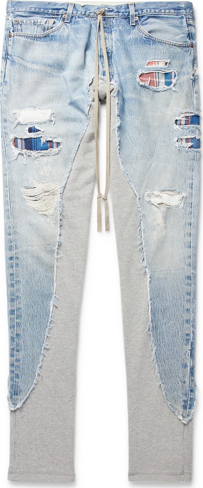 Greg Lauren Panelled Denim, Cotton-Canvas and Loopback Jersey Sweatpants