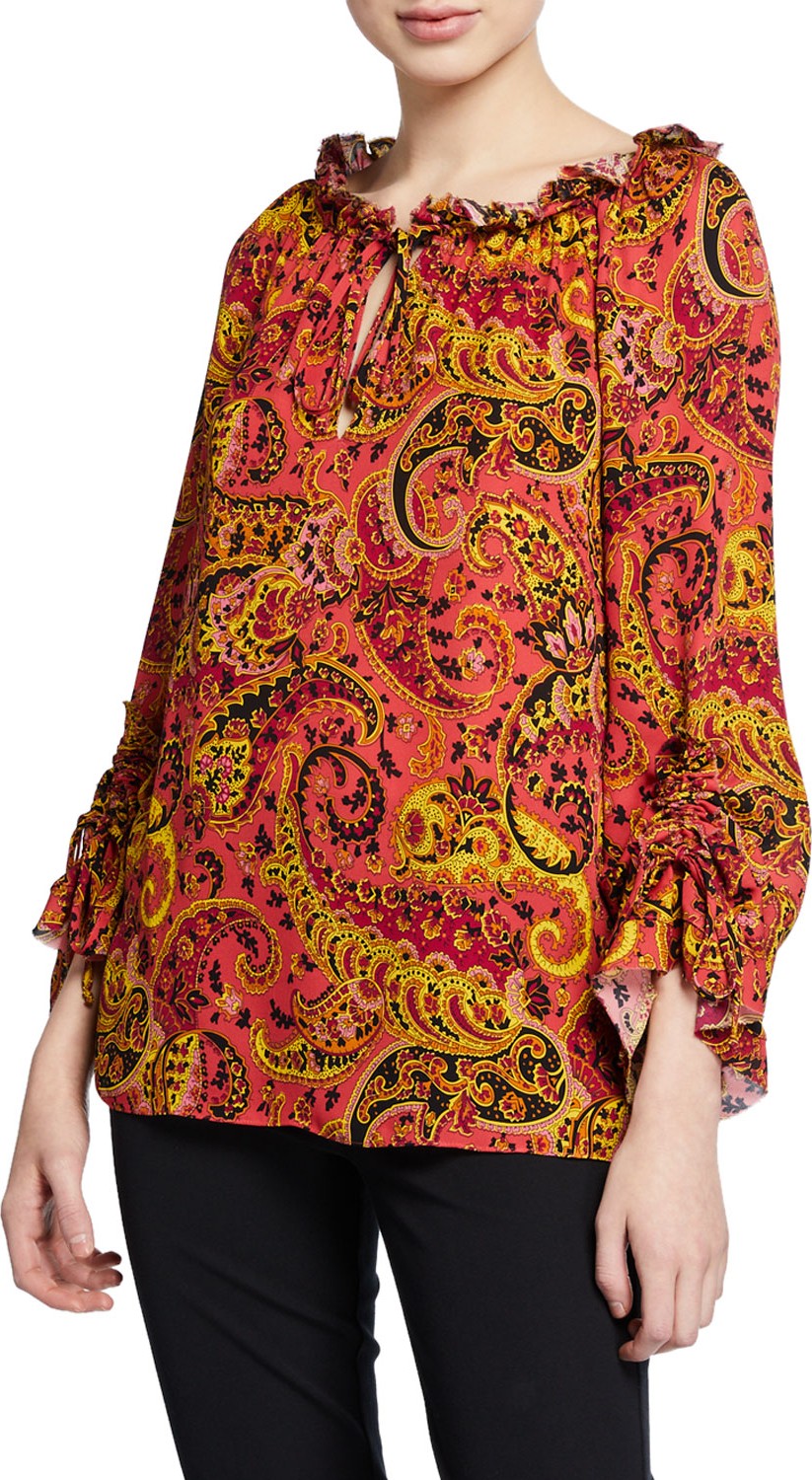 KOBI HALPERIN Gia Paisley-Print Long-Sleeve Silk Peasant Blouse KOBI HALPERIN Gia Paisley-Print Long-Sleeve Silk Peasant Blouse