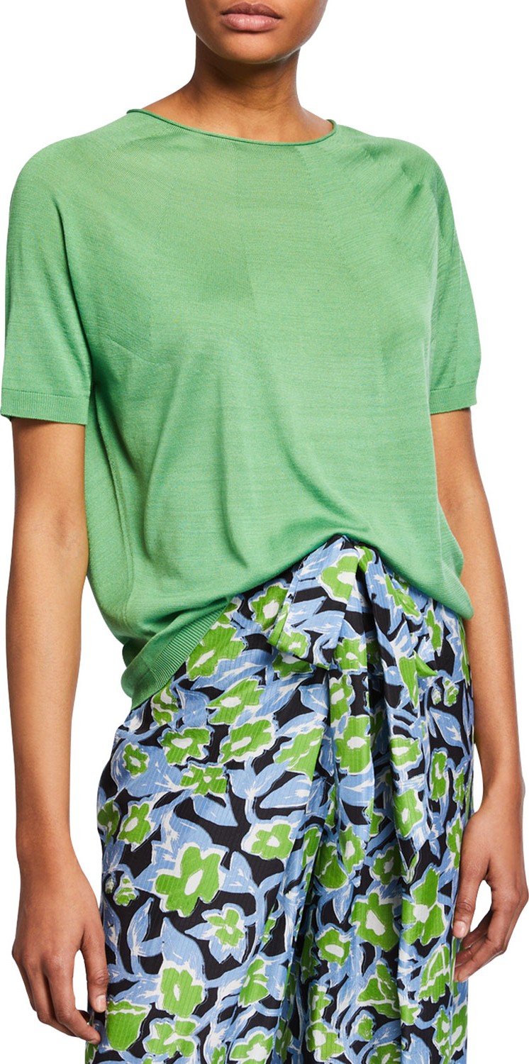 Christian Wijnants Kyoko Silk Round-Knit Crewneck Tee, Green