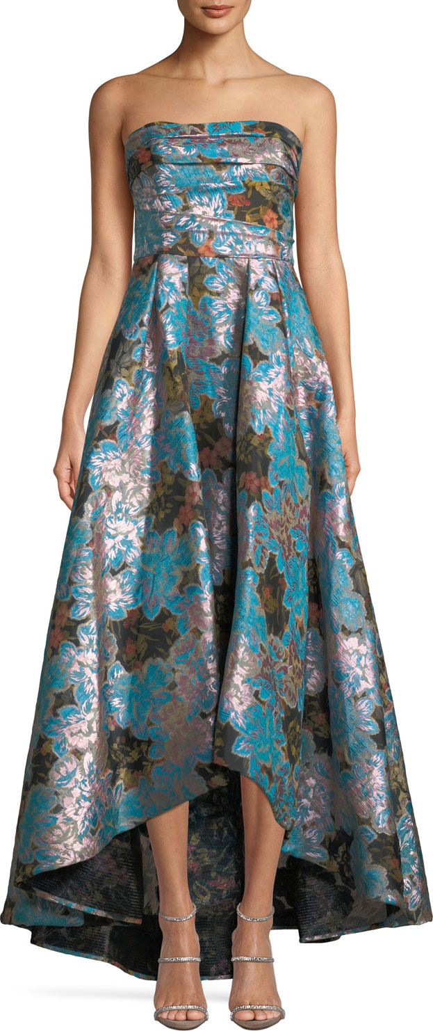 Marchesa Notte Strapless Floral Fil-Coupe High-Low Gown