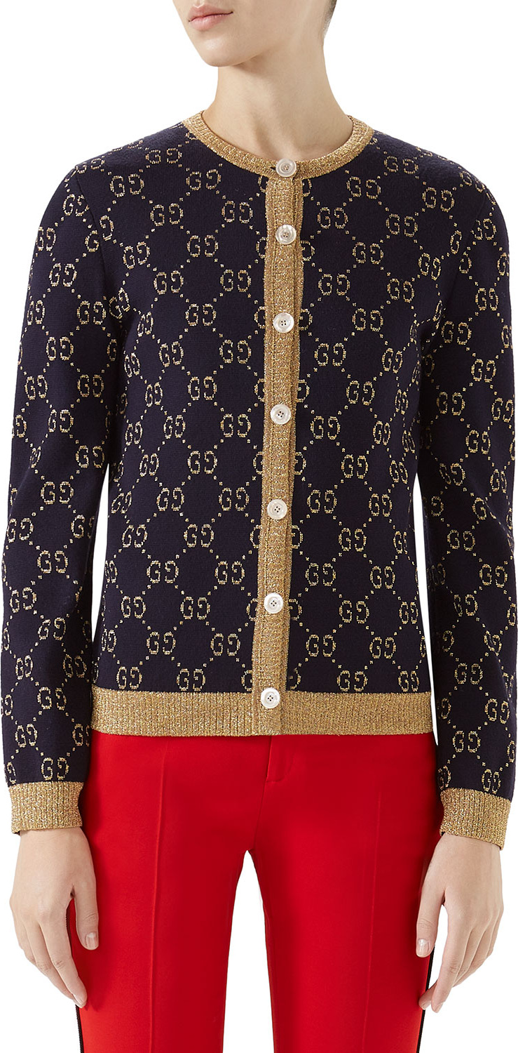 Gucci Crewneck Button-Front GG Metallic Jacquard Cardigan