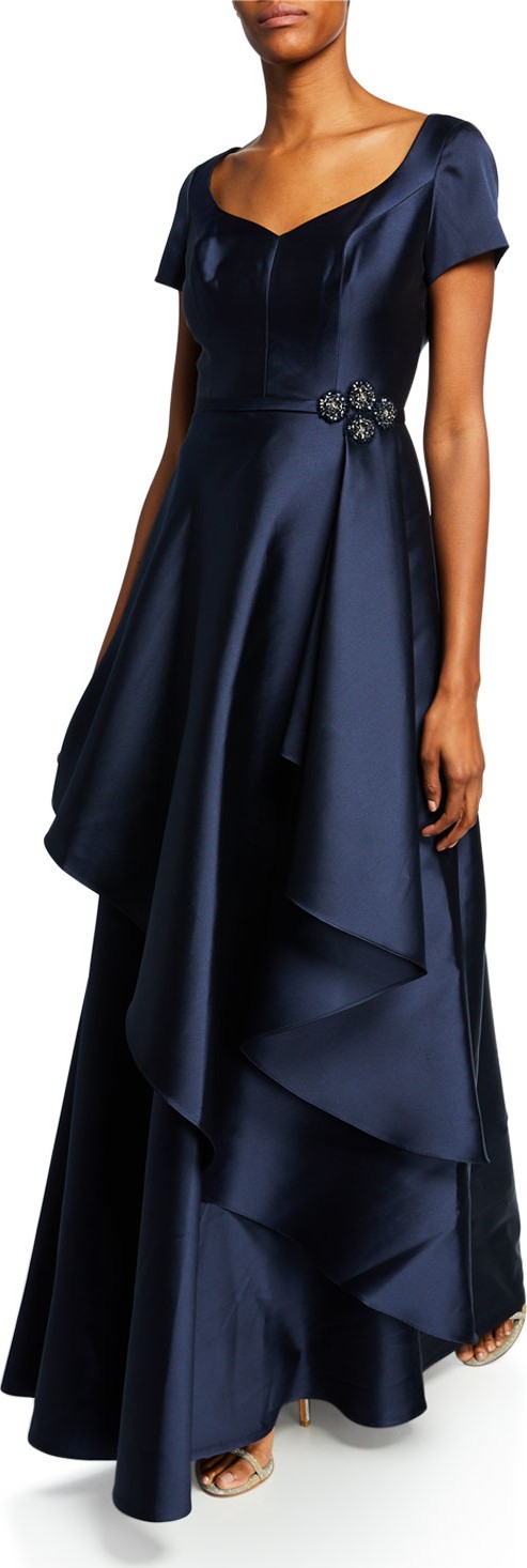 Rickie Freeman for Teri Jon Cap-Sleeve Gazar Gown w/ Asymmetric Overlay & Beaded Trim