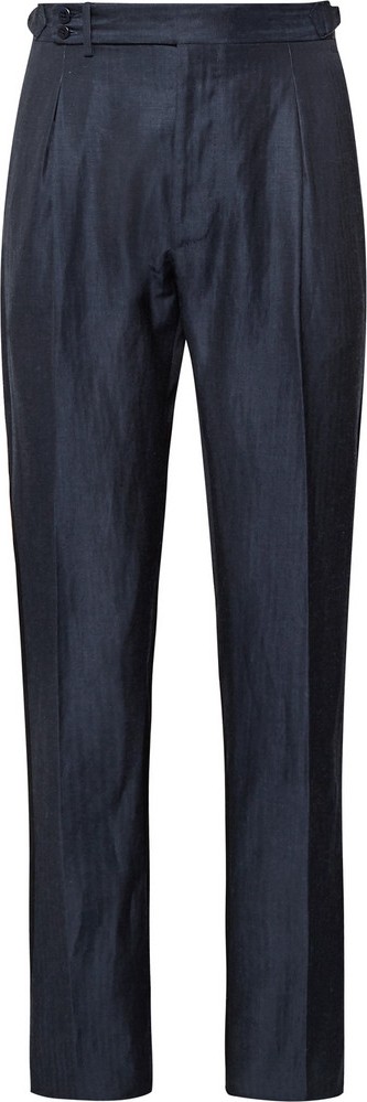 Zanella Midnight-Blue Nico Tapered Pleated Virgin Wool and Linen-Blend Trousers