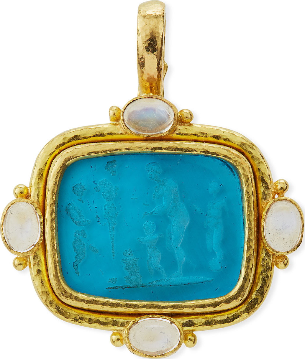 Elizabeth Locke Pan Picnic Antique 19k Gold Intaglio Pendant, Blue