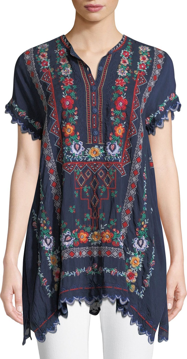 Johnny Was Liesse Short-Sleeve Embroidered Georgette Easy Tunic