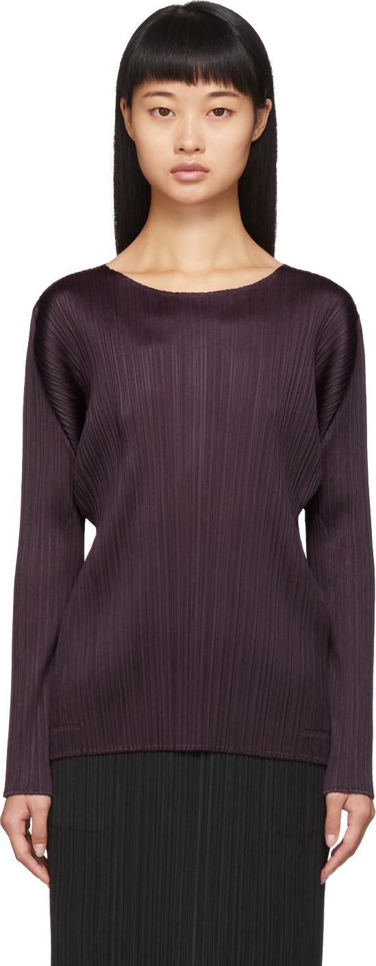 Pleats Please By Issey Miyake Purple Pleated Crewneck Shirt