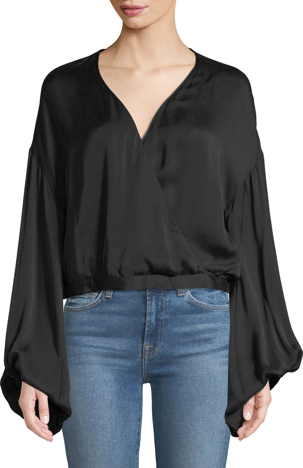 7 For All Mankind Wrap-Front Oversized-Sleeve Cotton Woven Top