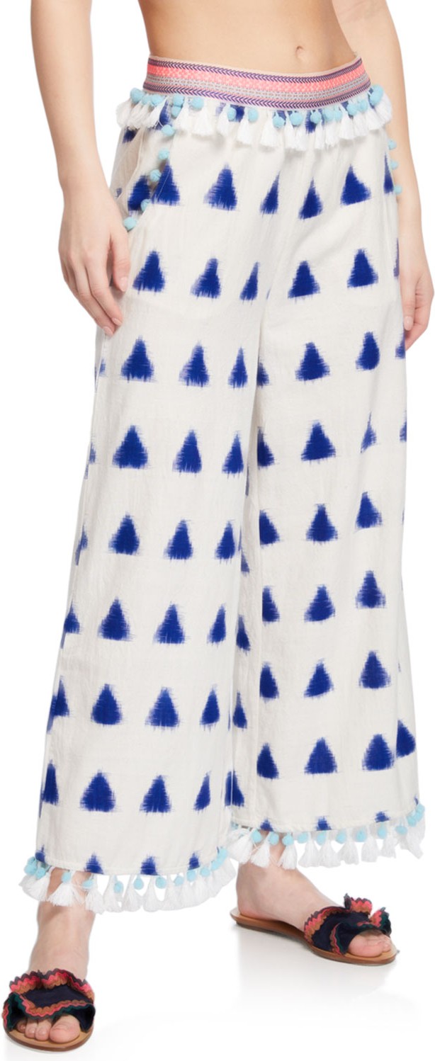 Tessora Kenna Ikat-Print Cotton Culottes w/ Tassels