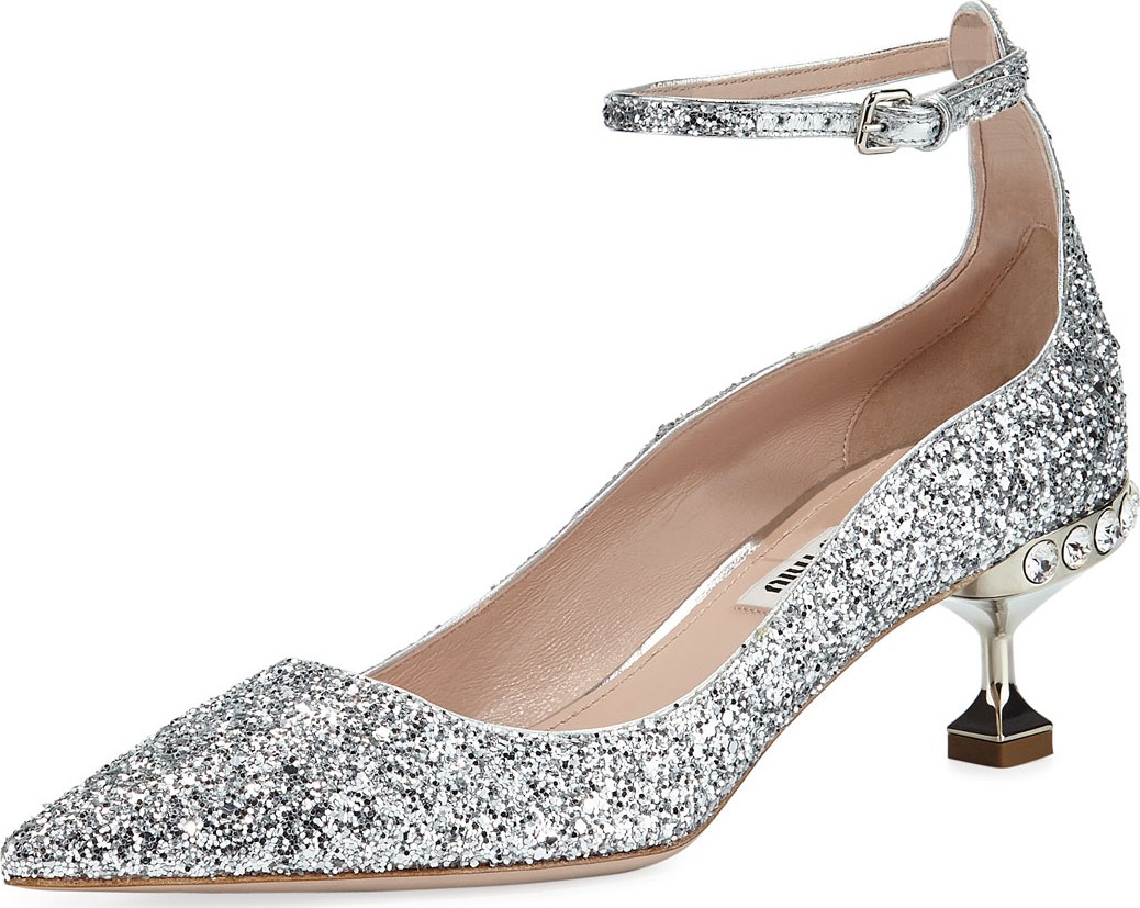 Miu Miu Glitter Pointed Ankle-Strap Pumps