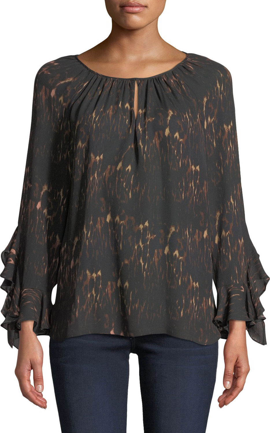 KOBI HALPERIN Lee Ruffle-Sleeve Blouse in Leopard-Print Silk KOBI HALPERIN Lee Ruffle-Sleeve Blouse in Leopard-Print Silk
