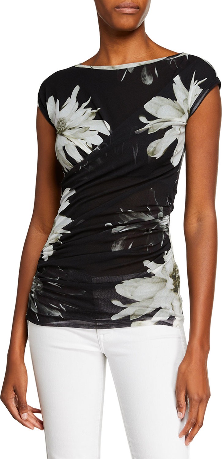 Fuzzi Seamed Fracture Flower-Print Cap-Sleeve Tee