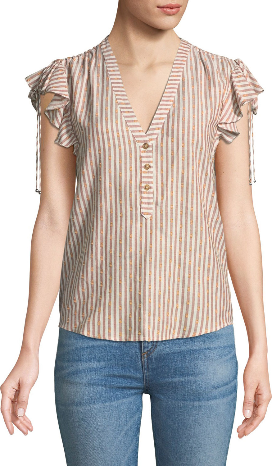 Veronica Beard Blakely Striped Flutter-Sleeve Top