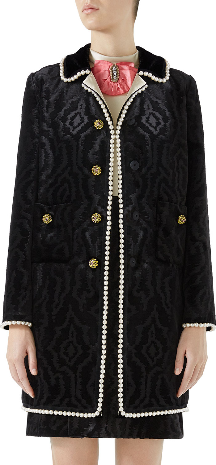 Gucci Woven Moire Velvet Coat w/ Pearly Trim