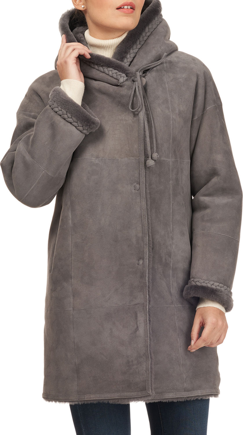 Christia Shearling Fur Stroller Coat w/ Braid Detail