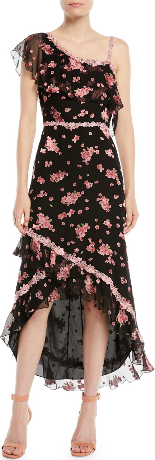 Alice + Olivia Caydon One-Shoulder Floral Burnout Flounce Midi Dress