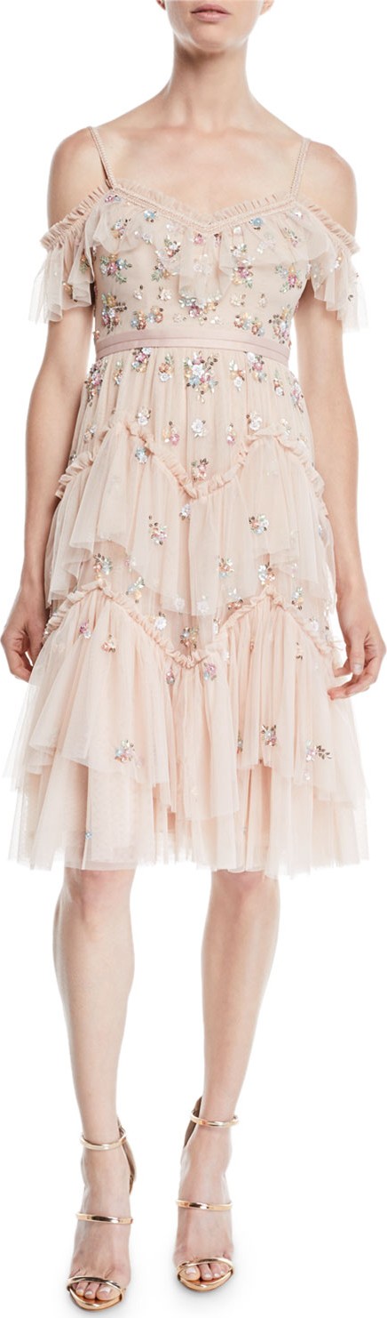 Needle & Thread Lustre Embellished Cold-Shoulder Cami Dress