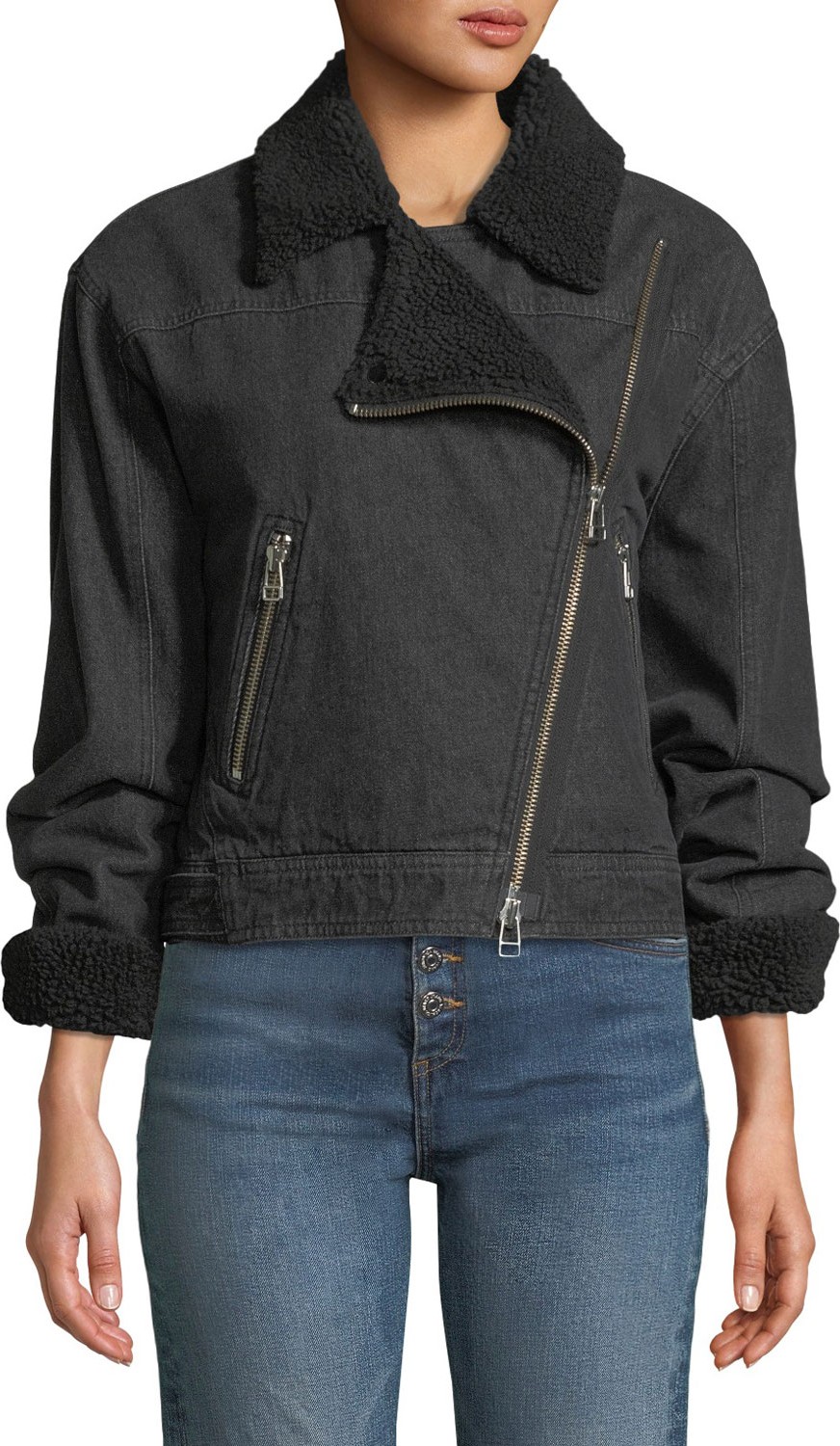 Veronica Beard Rosina Denim Moto Jacket with Sherpa Lining