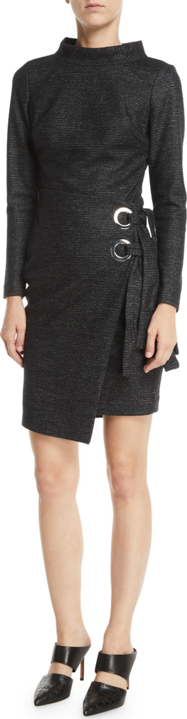 Badgley Mischka Long-Sleeve Wrap-Front Grommet Dress