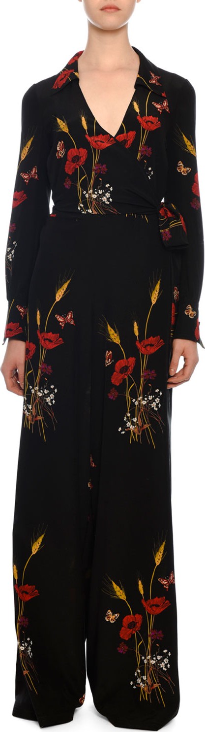 Valentino Tie-Waist Wide-Leg Floral-Meadow Silk Crepe de Chine Jumpsuit