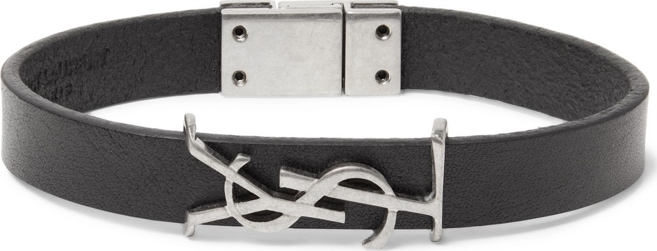 Saint Laurent Logo-Detailed Burnished Silver-Tone and Leather Bracelet