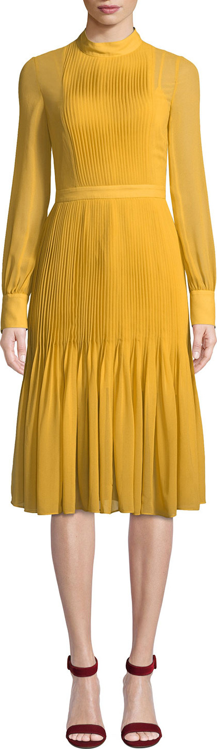 Aijek Pleated Long-Sleeve Chiffon Dress