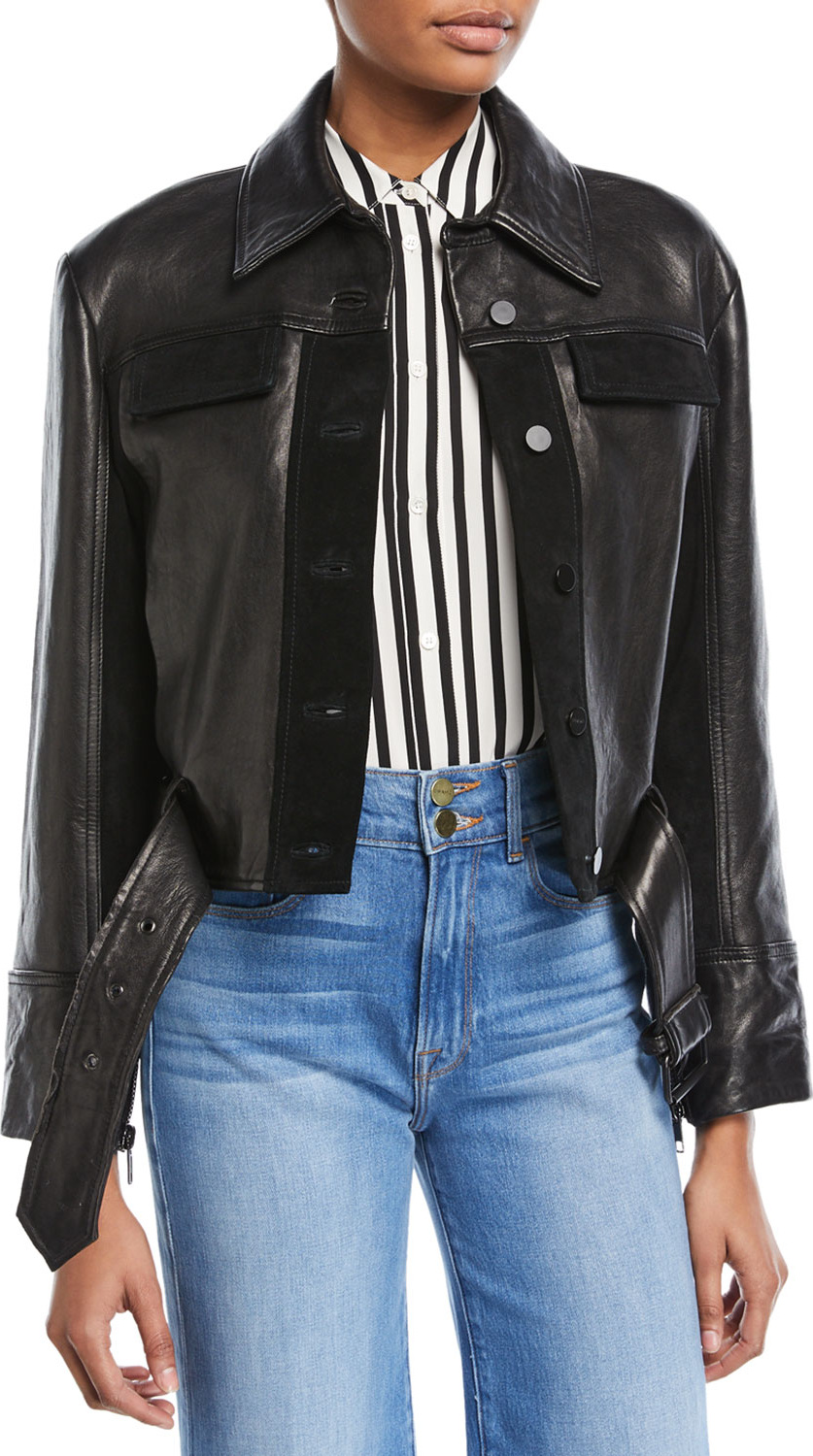 FRAME DENIM Button-Front Paneled Leather Moto Jacket
