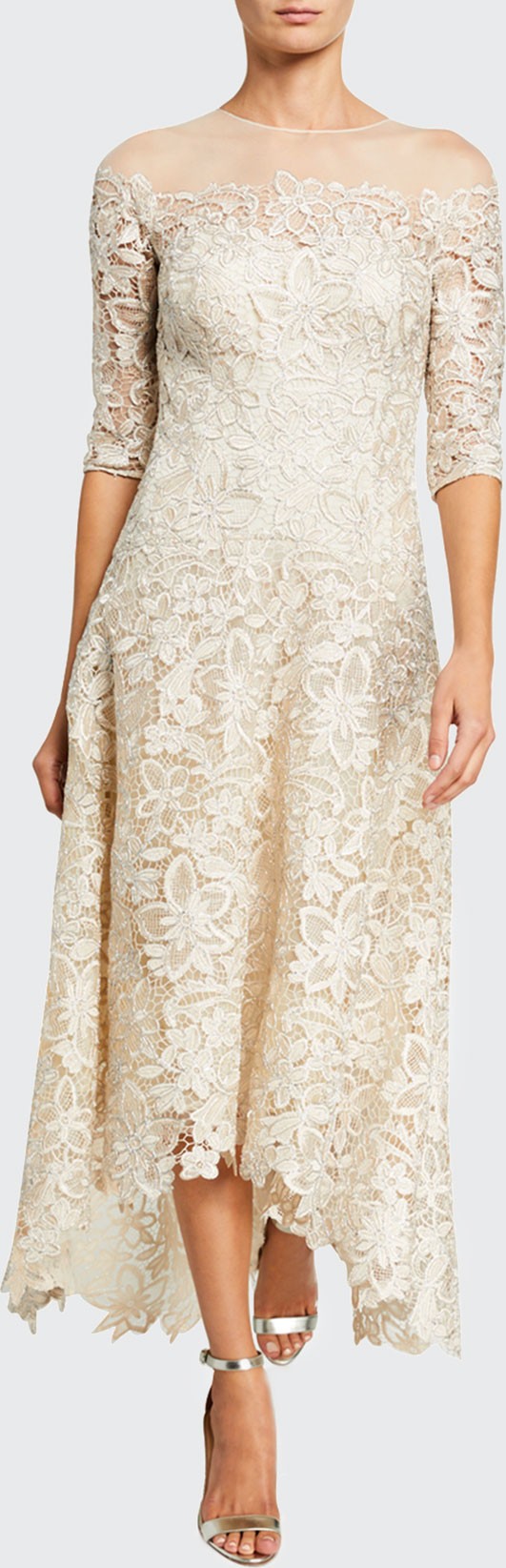 Rickie Freeman for Teri Jon Lace High-Low Mesh-Yoke Gown