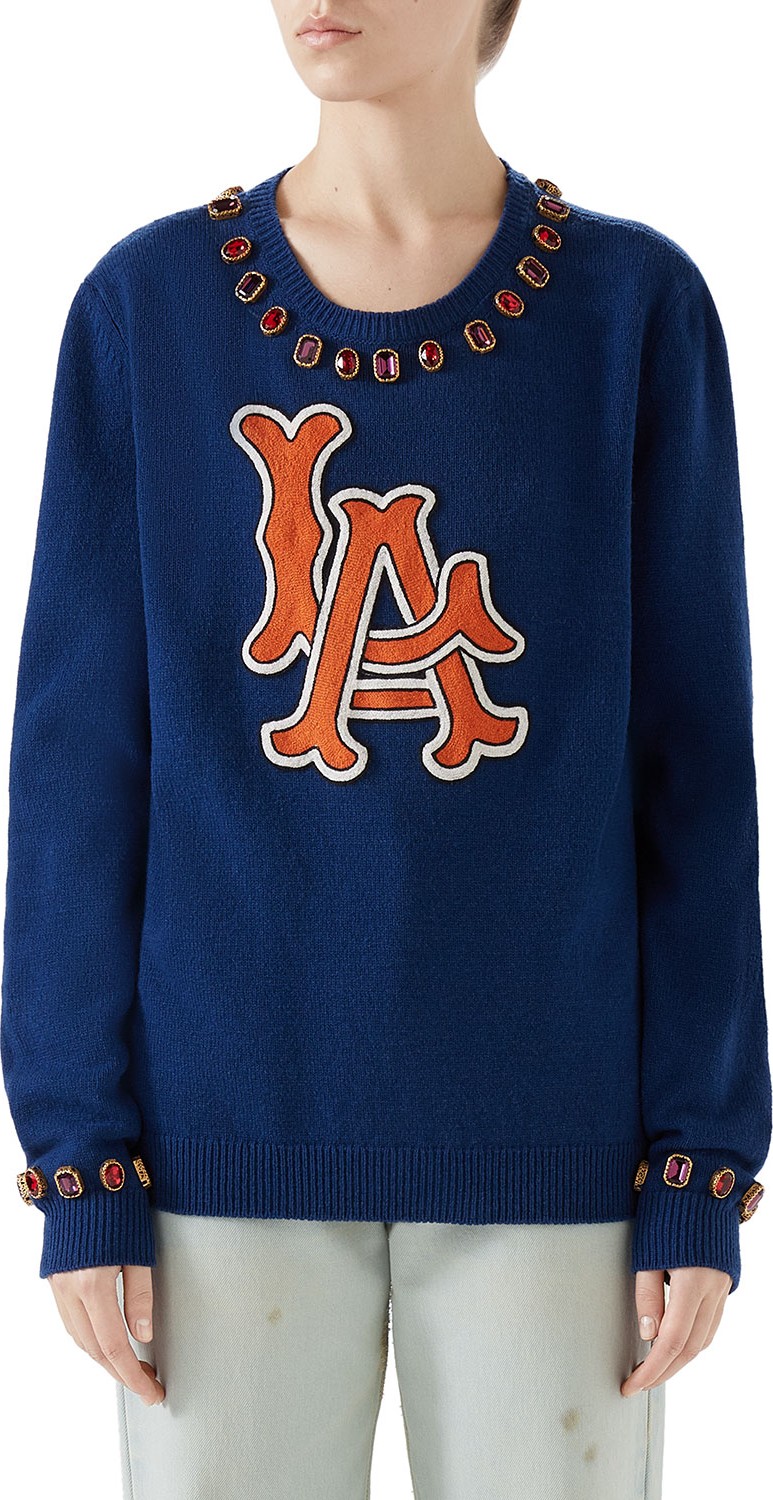 Gucci LA Angels MLB Jeweled-Trim Crewneck Wool Sweater Gucci LA Angels MLB Jeweled-Trim Crewneck Wool Sweater