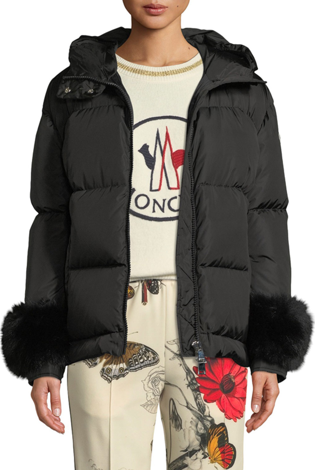 Moncler Effraie Hooded Fur-Cuff Jacket