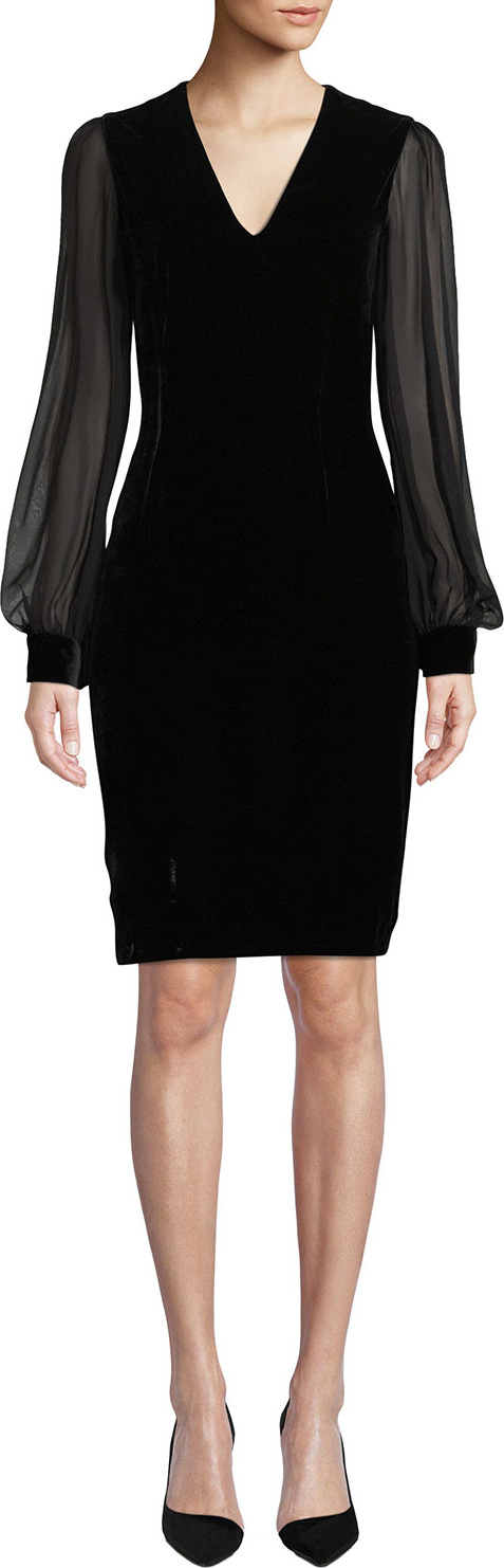 Sachin & Babi Brinker Velvet Dress w/ Sheer Long Sleeves