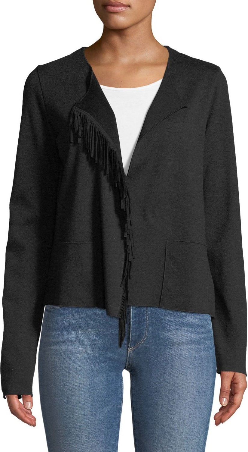 Majestic Merino Wool Open-Front Jacket with Suede Fringe