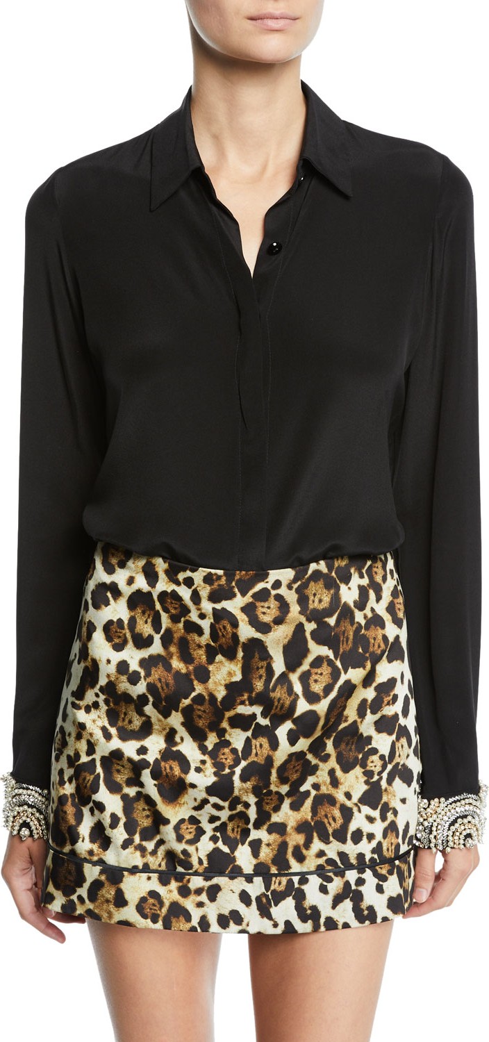 Alexis Ottavia Button-Front Silk Top with Embellished Cuffs