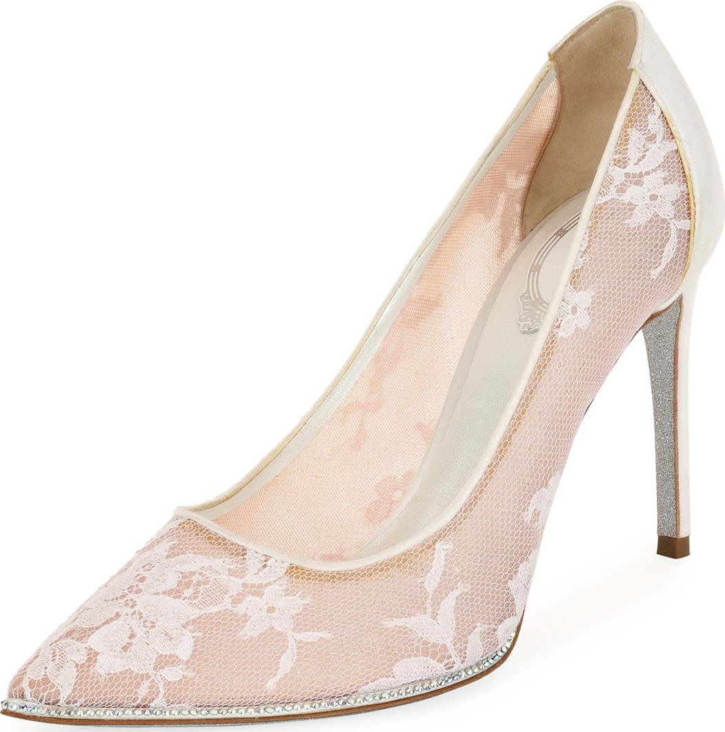Rene Caovilla Grace Embellished Lace Satin Pumps, White