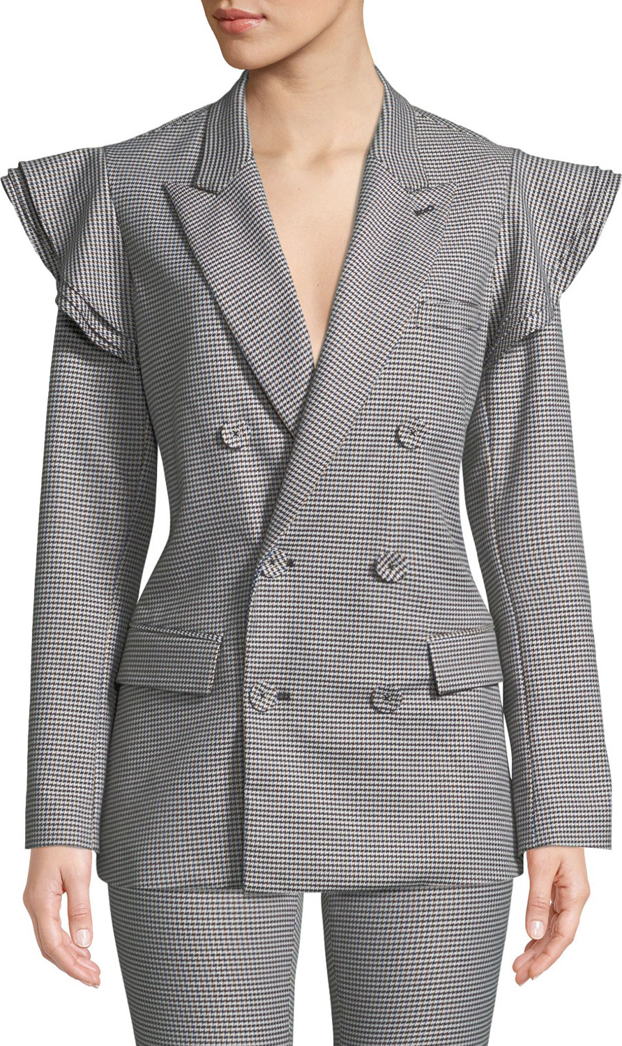 Opening Ceremony Tailored Houndstooth Ruffle Double-Breasted Blazer