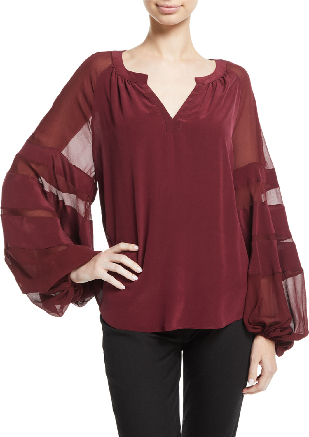 7 For All Mankind Paneled Blouson-Sleeve Silk Top